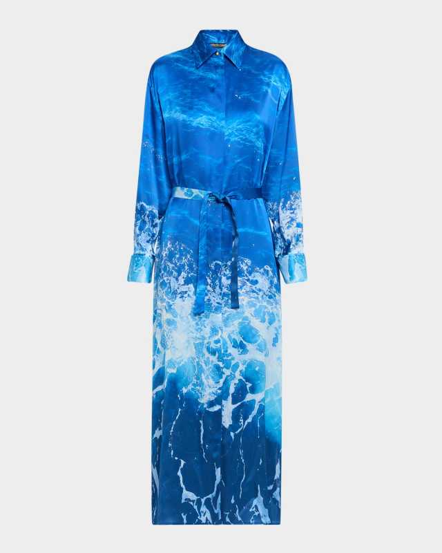 Sicily Ocean-Print Silk Belted Maxi Shirtdress